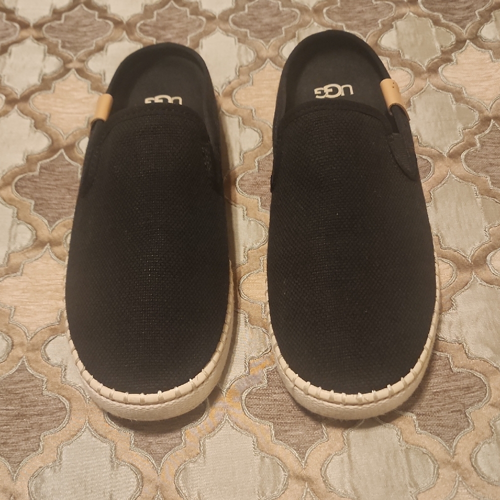 UGG Black Canvas Slip-Ons with Tan Accents